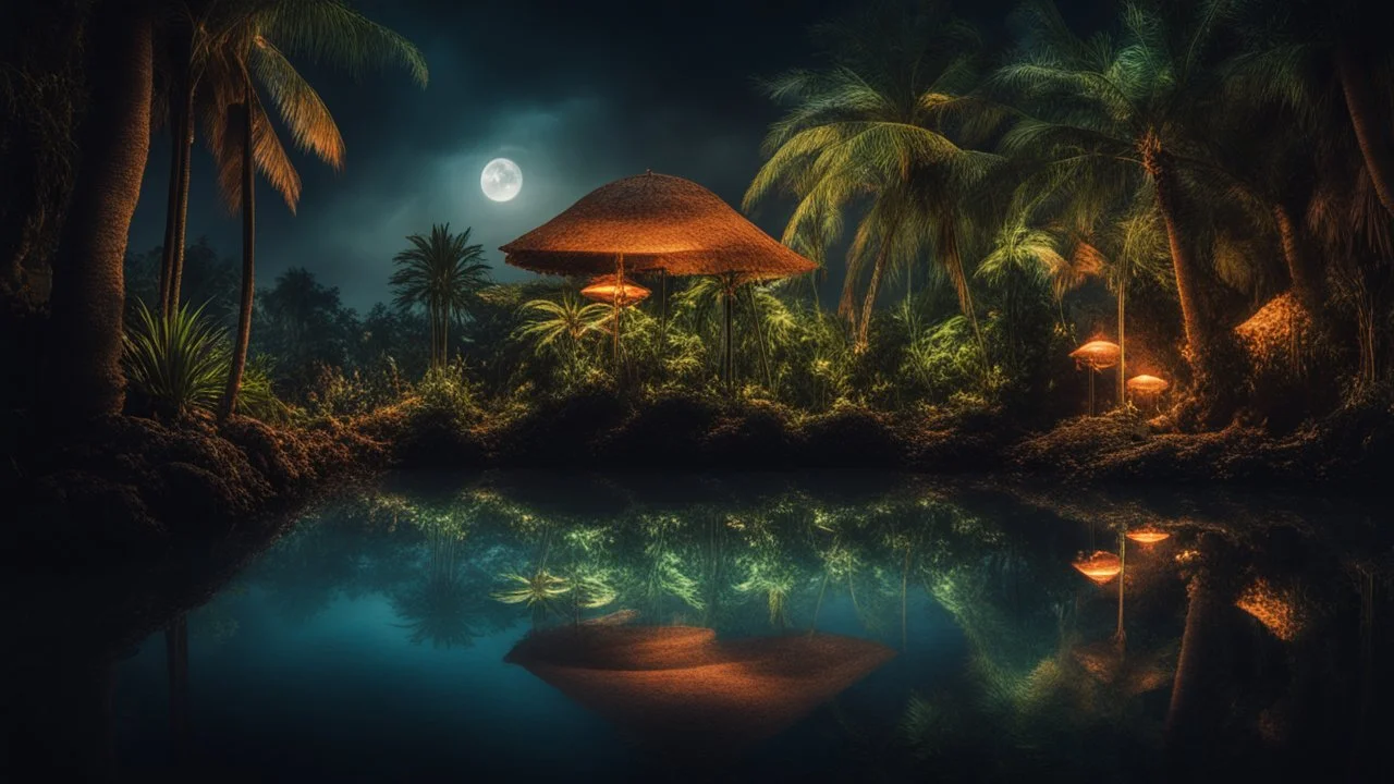 dream world, tropical, calm beauty, fantasy world, magic, night, darkness, splendor, uplifting, inspiring, therapeutic, chiaroscuro, color, award-winning colour photograph, beautiful composition, Nikon 85mm