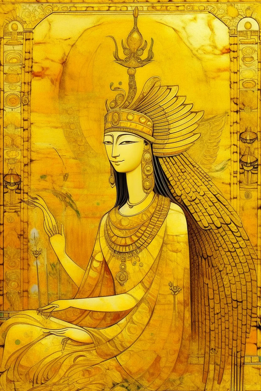 A golden yellow angelic heaven designed in ancient Egyptian hieroglyphics painted by Cai Jia