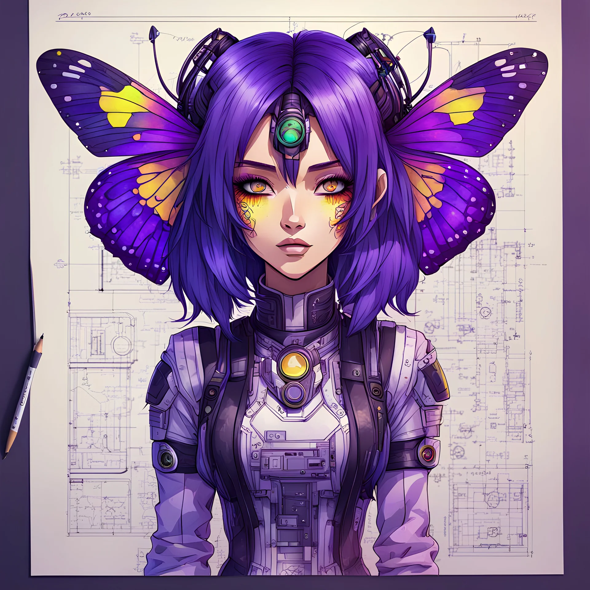 Hand drawn technical,full body portrait illustration , with detailed blueprints and engineering schematics of a walking hybrid Madagascan sunset moth insect girl, purple hair, in anime style, with highly detailed facial features, drawings, and technical notation, 8k, vibrant natural colors