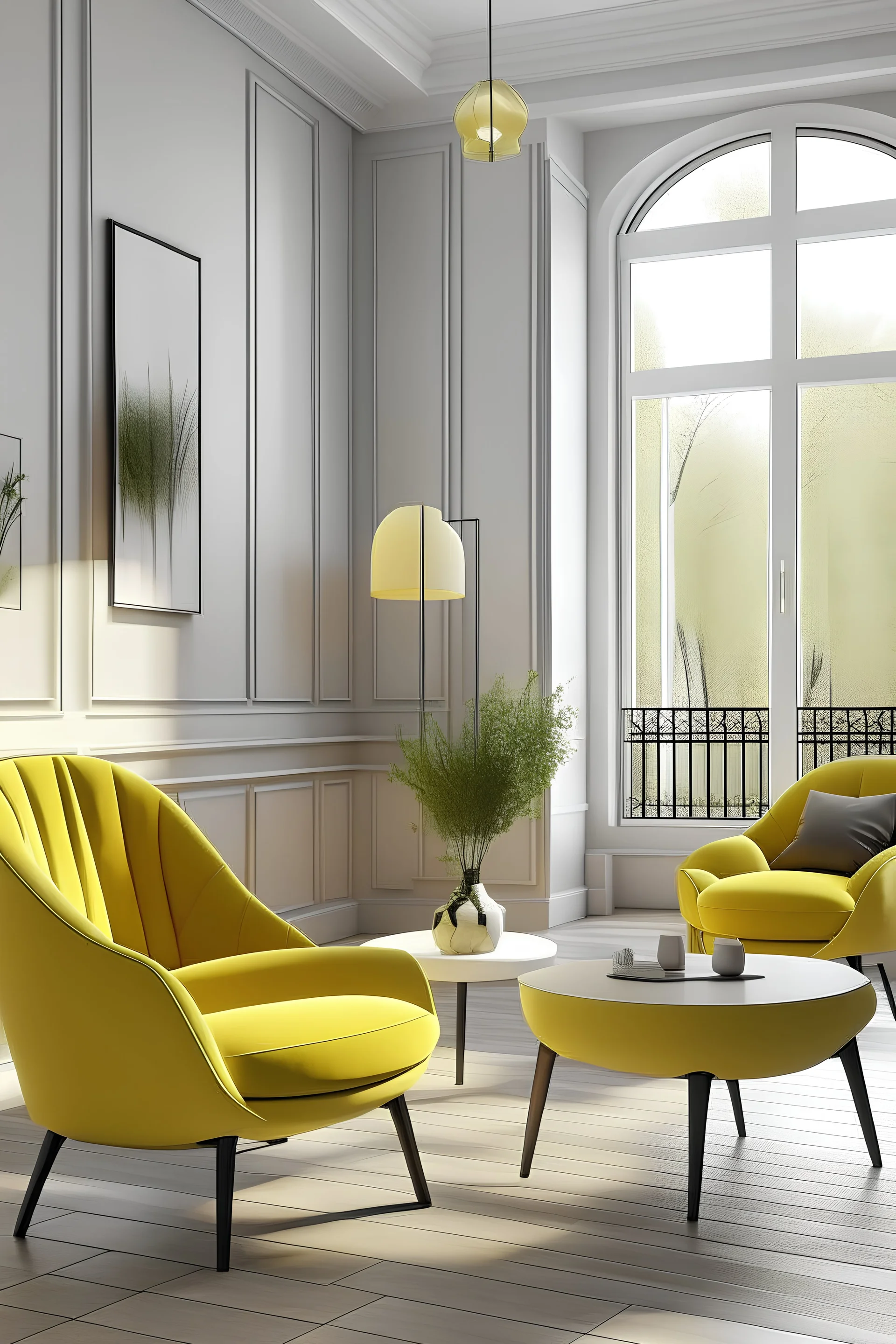 интерьер кафе современный с мягкими желтыми стульями