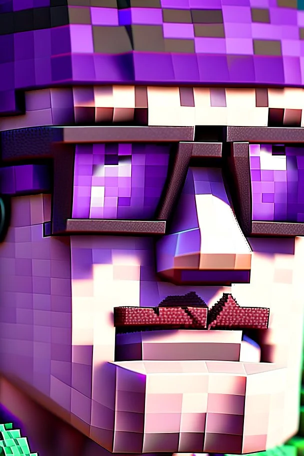 a close-up portrait of a purple Minecraft face, farmer, sunglasses,3d, large pixel style