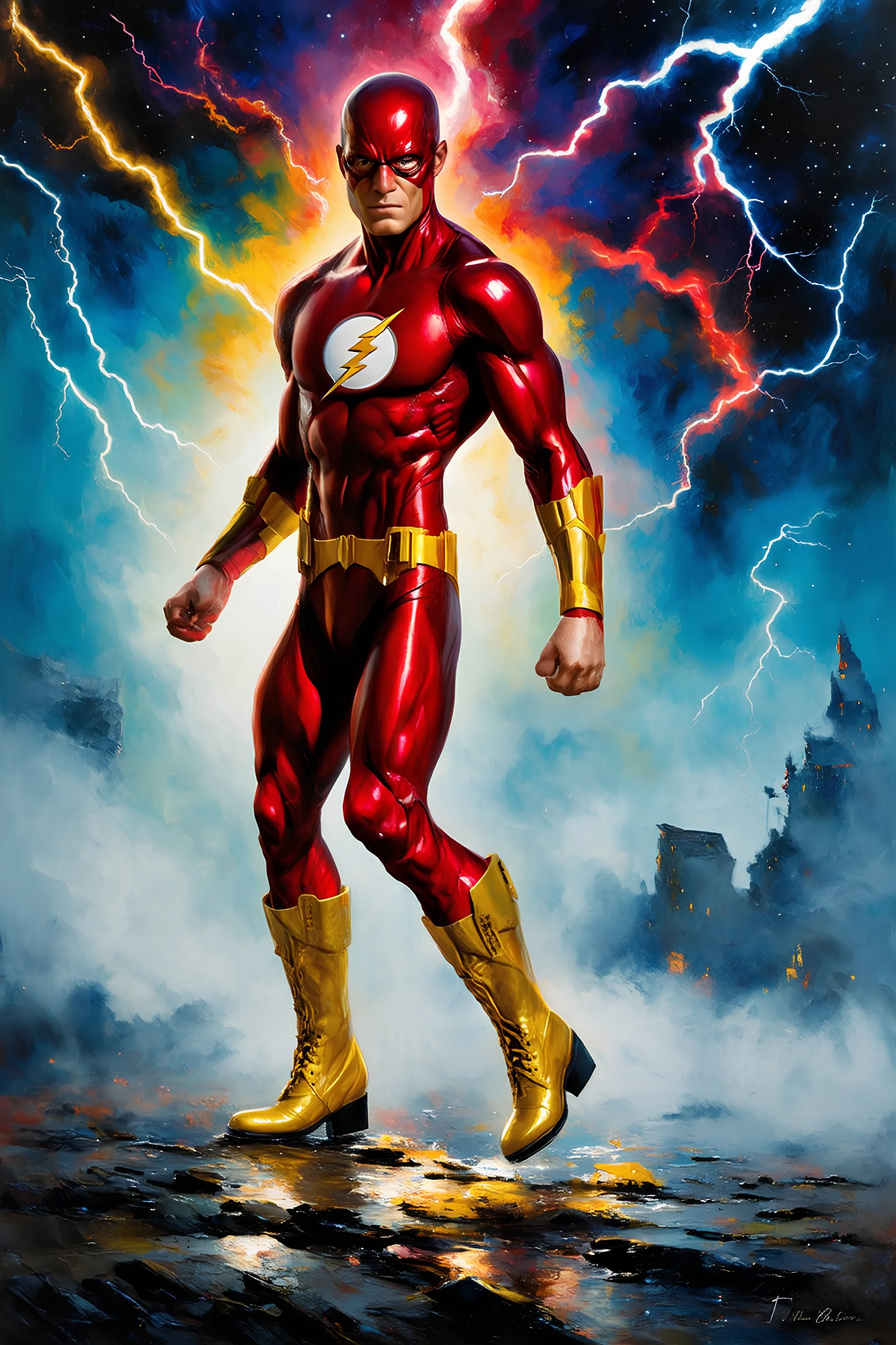 the Flash with gold boots, oil on canvas, extremely colorful, foggy in the foreground, multicolored lightning and outer space in the background, in the art style of Gerald Brom