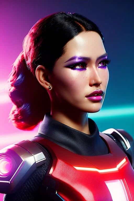 Ruby Cruz, Futuristic cyborg, portrait from waist up, vibrant hair color, vibrant eye color, intricate eyeliner, vibrant eyeshadow, clear completion, soft lighting, 4k resolution, intricate details, insanely detailed, colorful cityscape background, masterpiece, expert, cinematic smooth, retroanime style, realistic details, no helmet