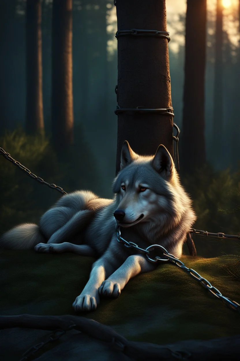 sad small scruffy wolf in chains laying down eyes closed, photorealistic, 4k, fantasy, sun setting with trees in the background