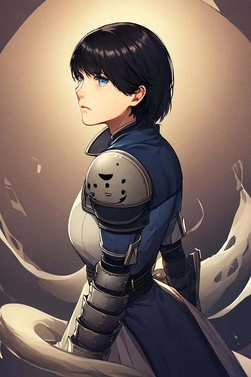 Motoko Kusanagi from "Ghost In The Shell (1995)", clad in medieval stell plate armour, melancholic, alone, blue eyes, perfect, beautiful, black hair, correct proportions, androgynous