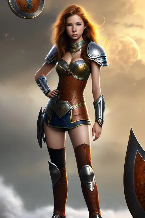 concept illustration, super-detailed, strikingly beautiful teen female, 16 years old, waifu, long ginger hair, medium freckles, full lips, full body, full face, b-cup breasts, athletic, centred camera, ignore NSFW, skimpy brown fantasy leather armor, halter top, micro thong, knee-high leather boots, open leather tasset, stern expression,