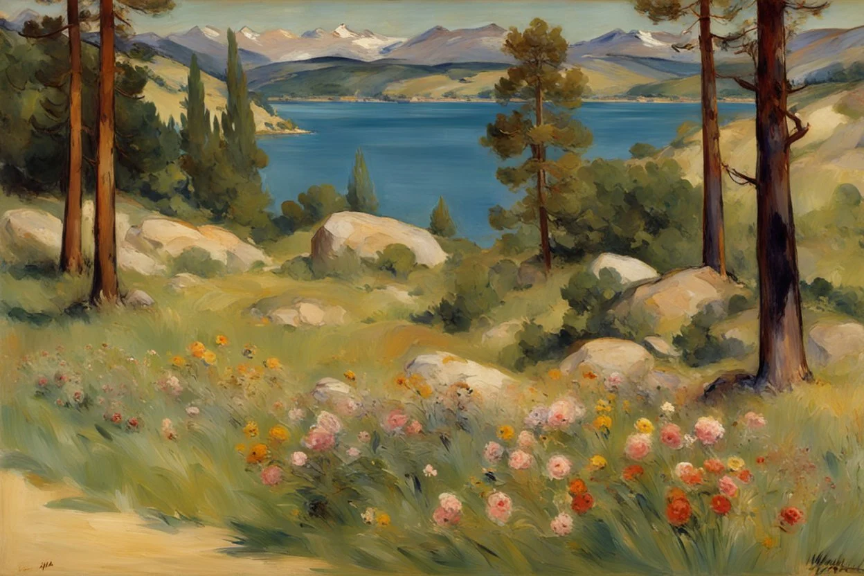 Sunny day, pine trees, mountains, prairie, flowers, lake, rocks, spring, edouard manet impressionism painting