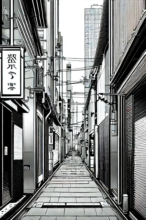 Tokyo alley, line arts, greyscale