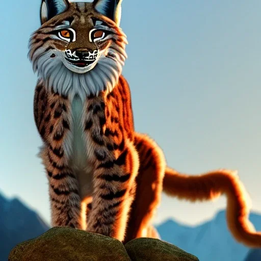 a lynx with golden fur disguised as a man standing on a mountain