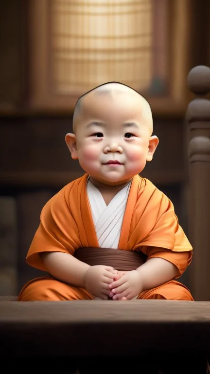 A 3-year-old monk boy with round cheeks, sitting, looking at the camera, monk costume, cute and cute, masterpiece, high quality, highly detailed.