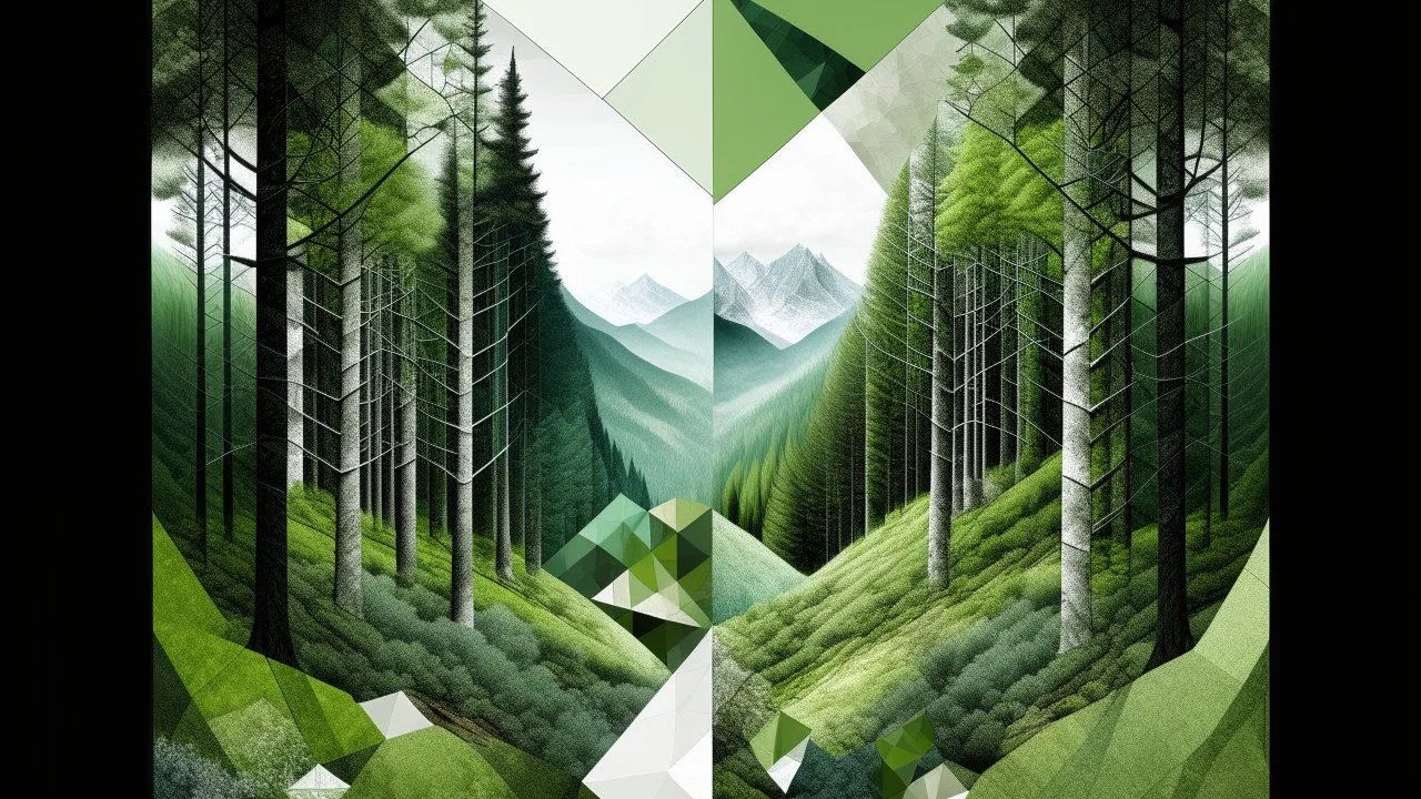 Interpretive collage of a geometric forest with surprising and unexpected views