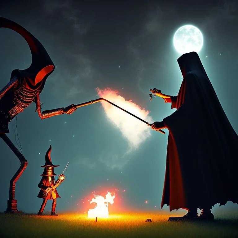 The Grim Reaper and a plague doctor in Lollipop world, considering the future of the universe, art by Elliot Erwitt