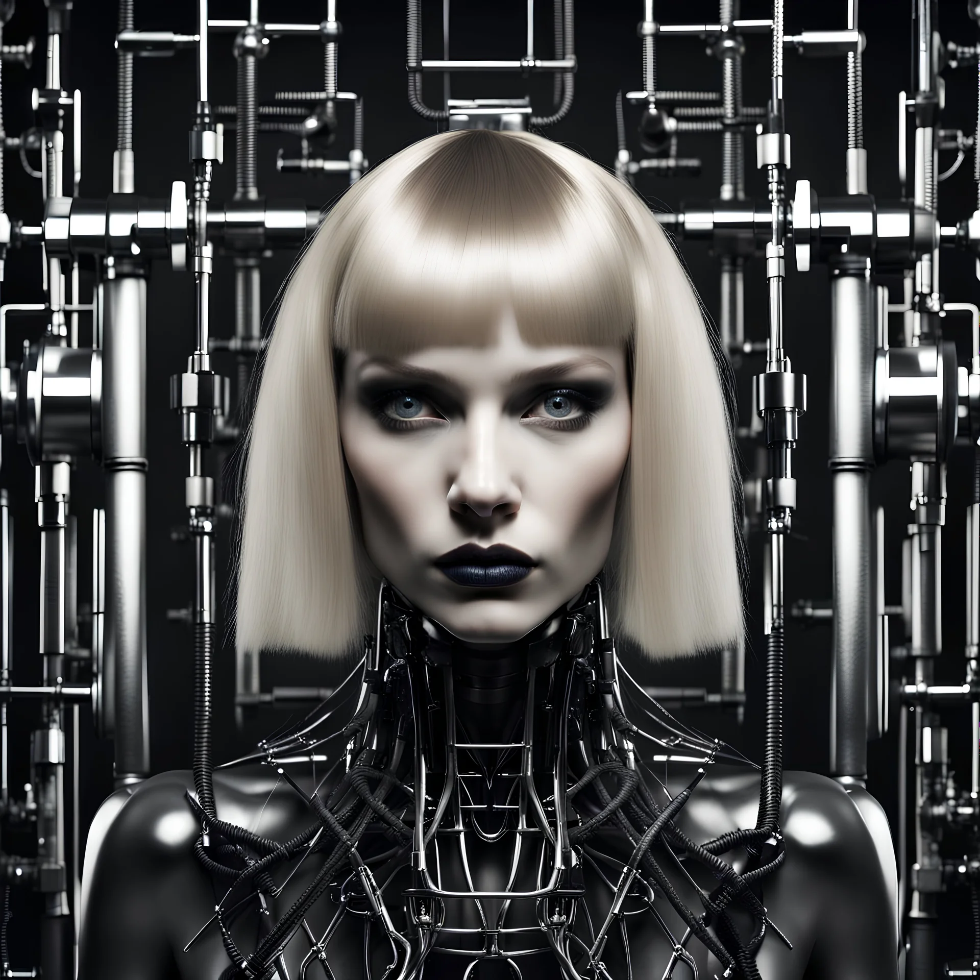 beautiful caucasian half cyborg woman, black metal body and limbs, chrome details, anorexic figure, blond bob haircut