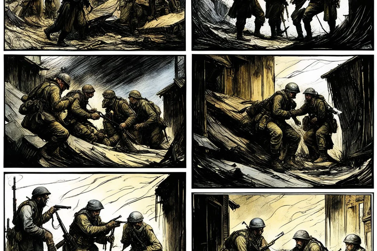 Masterpiece1:5)(Fineart), (award-winning:1.5), highest quality, war journalism, ink and colored pencil sketch of photocollage (by Gustave Doré, Jan Saudek:1.5),(Eastern Ukraine:(panel one:the moment after a battle ends, horrors of war, wounded men),(2nd panel, cinematic shot of men sitting in trench with 1000 yard stare (focus on their eyes:1.5)),(the third panel shows troops tired but hyper alert), (the fourth panel shows the sky is filled with incessant, fire and smoke everywhere,)