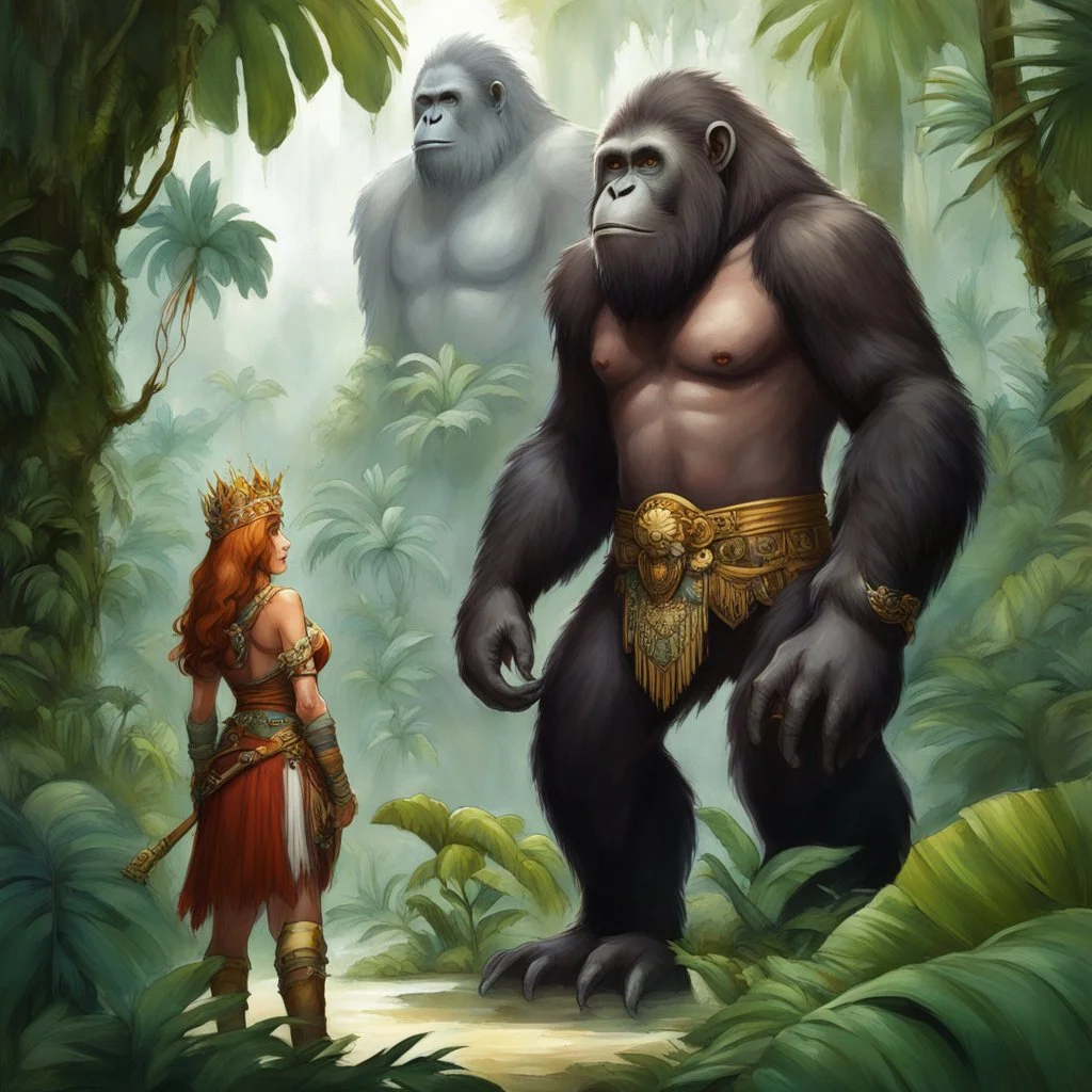 Back in the lush embrace of the jungle Fafhrd and the Gray Mouser stand before the majestic Orangutan Queen, the artifact of bones and feathers cradled in their hands. The Queen's wise eyes gleam with a mixture of anticipation and gratitude as she observes her loyal adventurers' triumphant return.