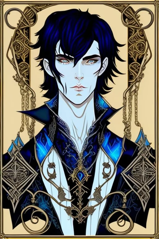 black haired blue eyed young man necromancer wizard with gothic jewelry in the style of erte