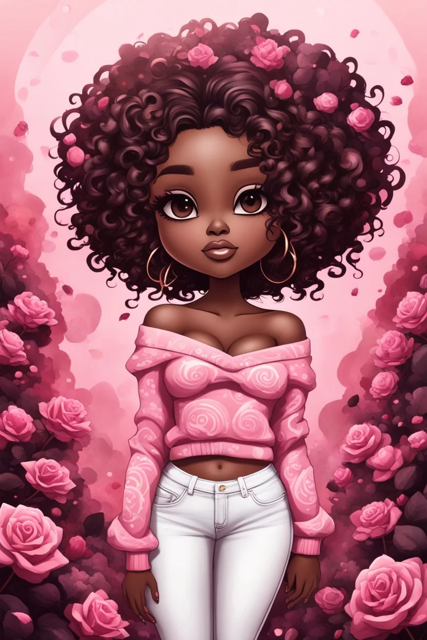 Create an abstract art style image of a chibi thick curvy african american female wearing tight white jeans and rose pink off the shoulder sweater.. Prominent make up with brown eyes. Highly detailed wild long curly black air flowing in her face. Background of rose pink and black flowers all aroun