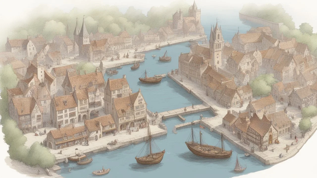 gothic medieval harbour with ships, piers, houses, shops, inns, balconies, plants, people, market