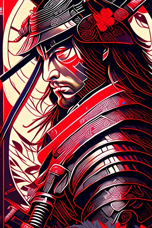 Samurai warrior centered | symmetrical | key visual | intricate | highly detailed | iconic | precise lineart | vibrant | comprehensive cinematic | alphonse mucha style illustration | very high resolution | sharp focus | poster | no watermarks red and silver color full body