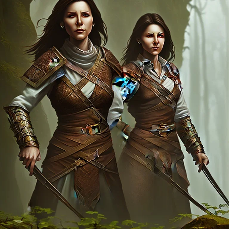 dungeons and dragons, female human, druid, brown hair, brown eyes, full body, realistic face, short hair, hair tied back, large nose, closed mouth, armored