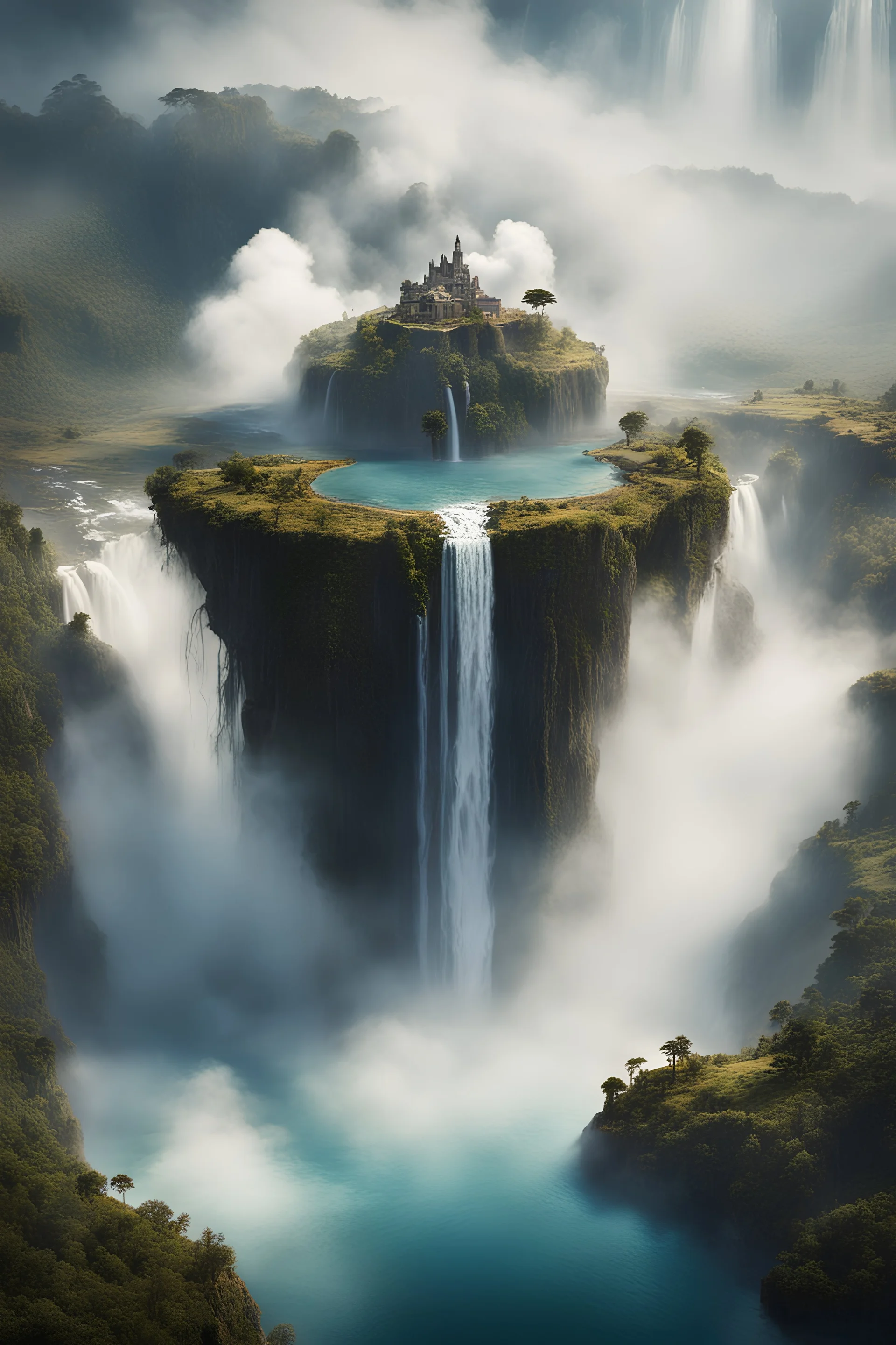 portrait of a floating island with massive waterfalls and steam overlooking a crater filled with water