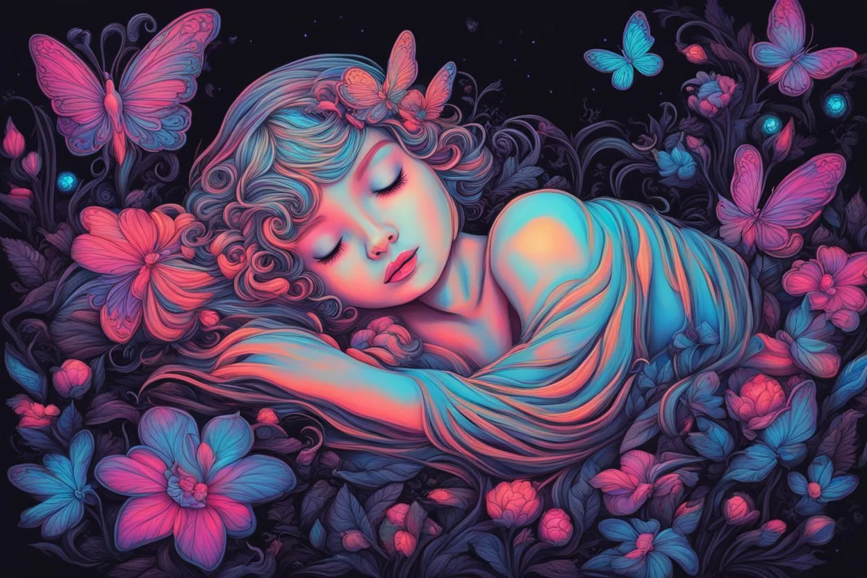 black light art neon colors cute sleeping fairy