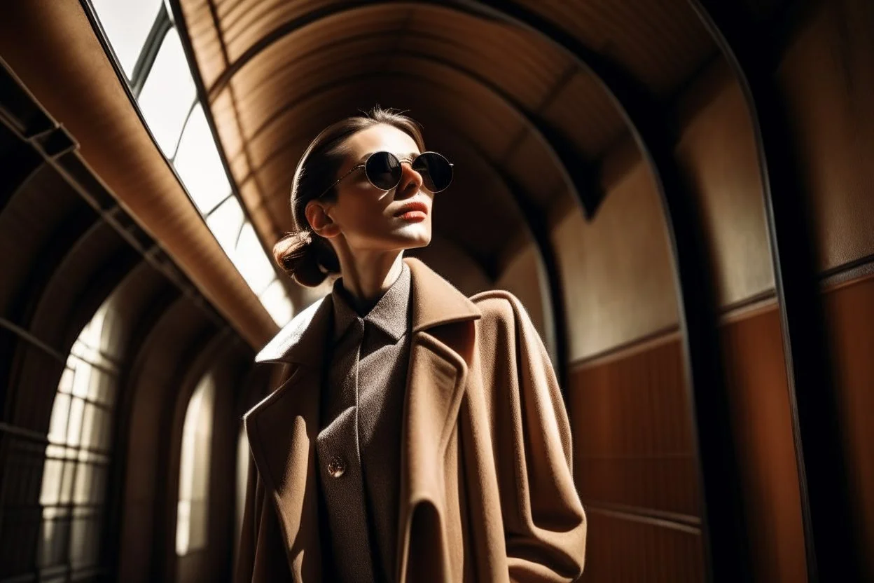 Woman in a dress and jacket, and sunglasses, looking slightly upward, under a bright vault, fashion photography, real photography, 16K