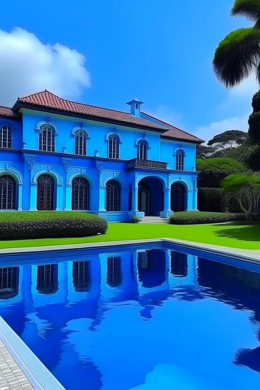 blue mansion with a huge infinity pool and garden