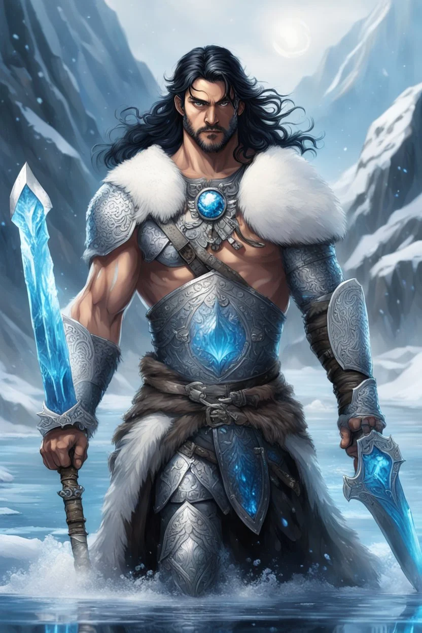 1 mana warrior, with blue eyes and black hair man in silver Viking armor with fur around the neck with blue crystal on his chest , standing in water in the artic, holding a ice axe, warrior in anime style,