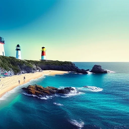 fullbody Drawing of 'beutiful beach, clouds, lighthouse,sunny day',intricate detail,andrea bonelli,Kilian Eng,Ohrai,evan lee,Aleksandr Sidelnikov,KyuYong Eom,three quarters frontal aerial view,toned colors,16k