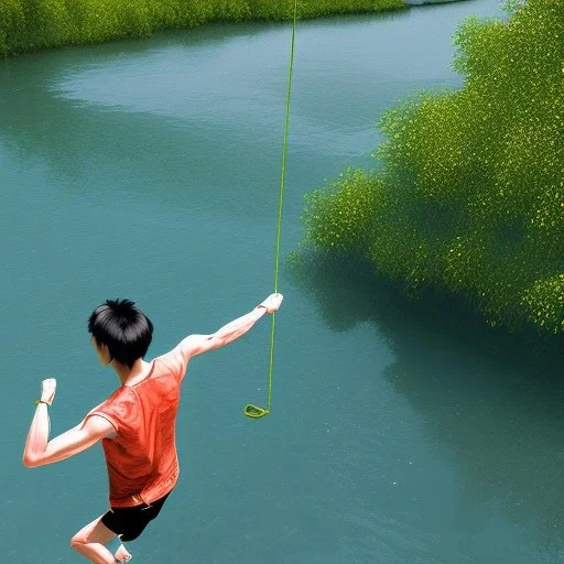 3d rendering of krister chao the artist slacklining over water