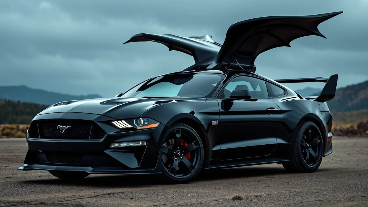 a black 2025 ford mustang dark horse with a large elaborate spoiler crossed with the adam west batmobile