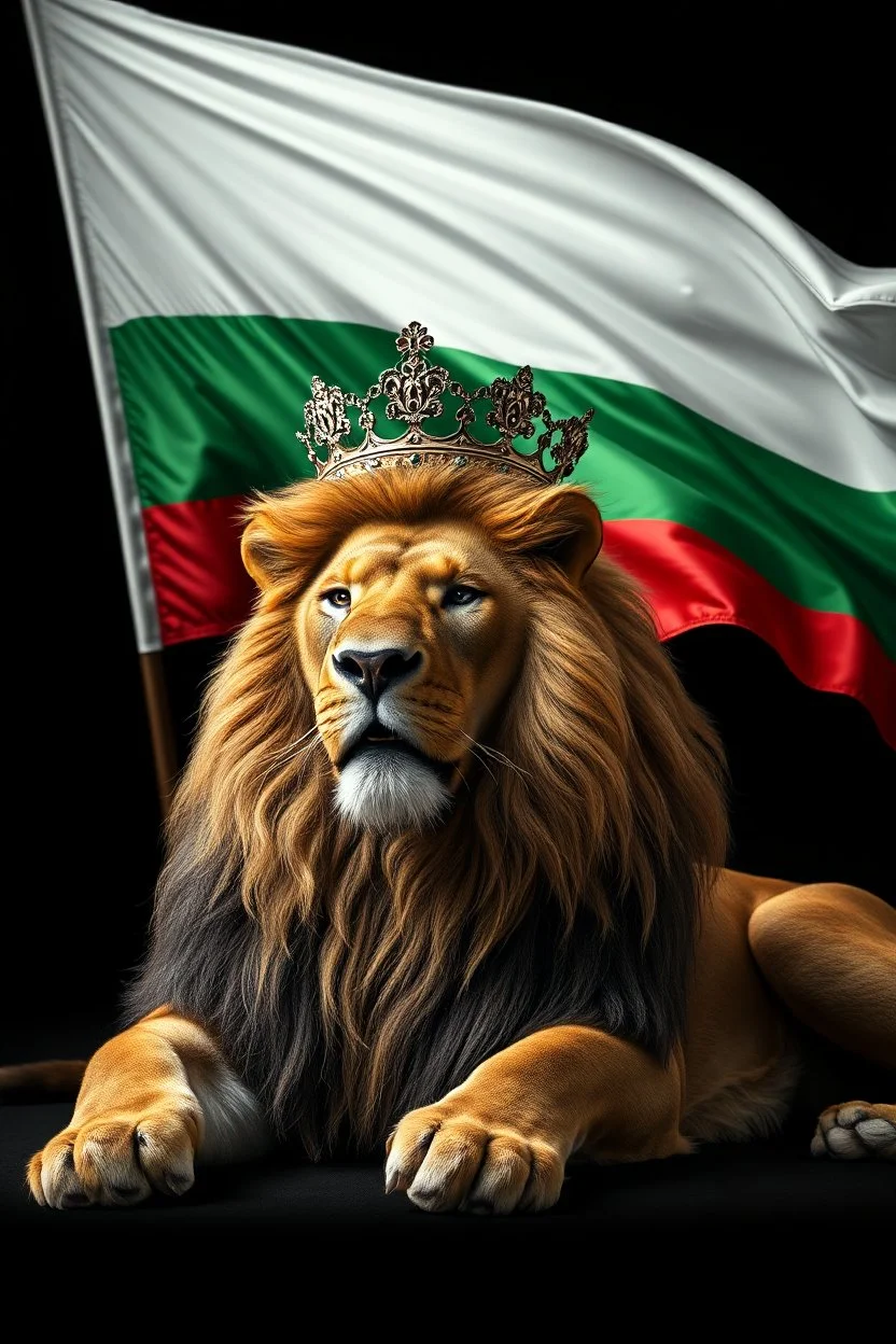 Create A hyper-realistic highly detailed, image of a majestic lion lying down, wearing a royal crown. The lion's fur should be rich and textured, with a regal and powerful presence. Behind the lion, the big flag of the Republic of Bulgaria(white, green,red) waves gracefully, its white, green, and red colors vivid and well-defined. The background should be an elegant, deep black, creating a striking contrast that enhances the grandeur of the lion and the flag. The lighting should be drama