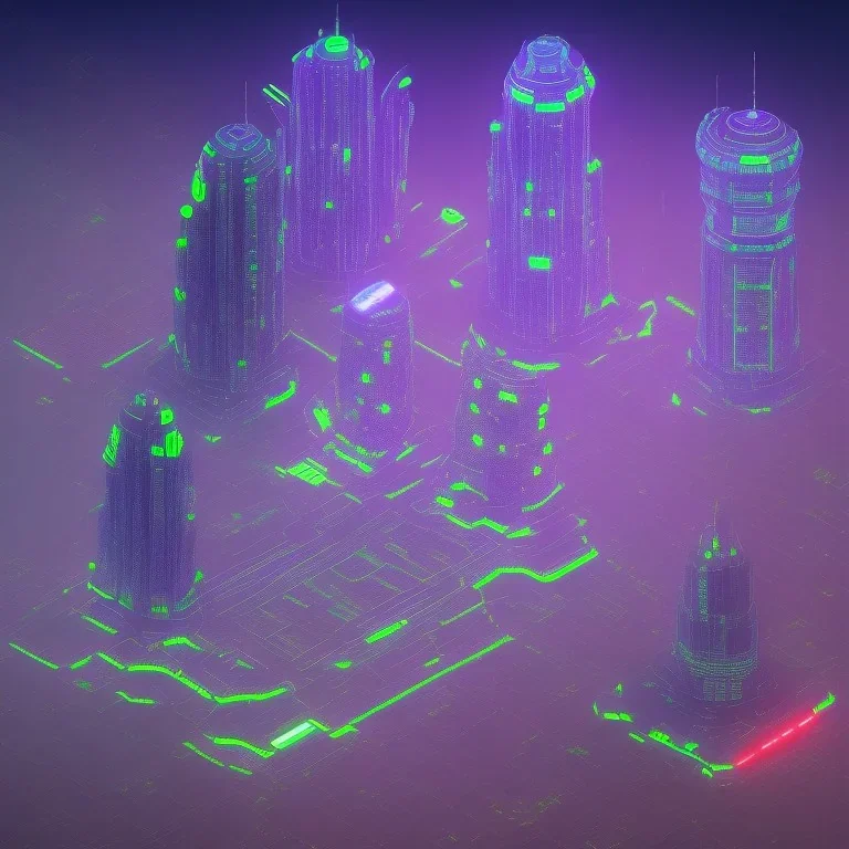 Four interlocking skyscrapers consisting of neon accents and a single landing pad surrounded by radar and military batteries