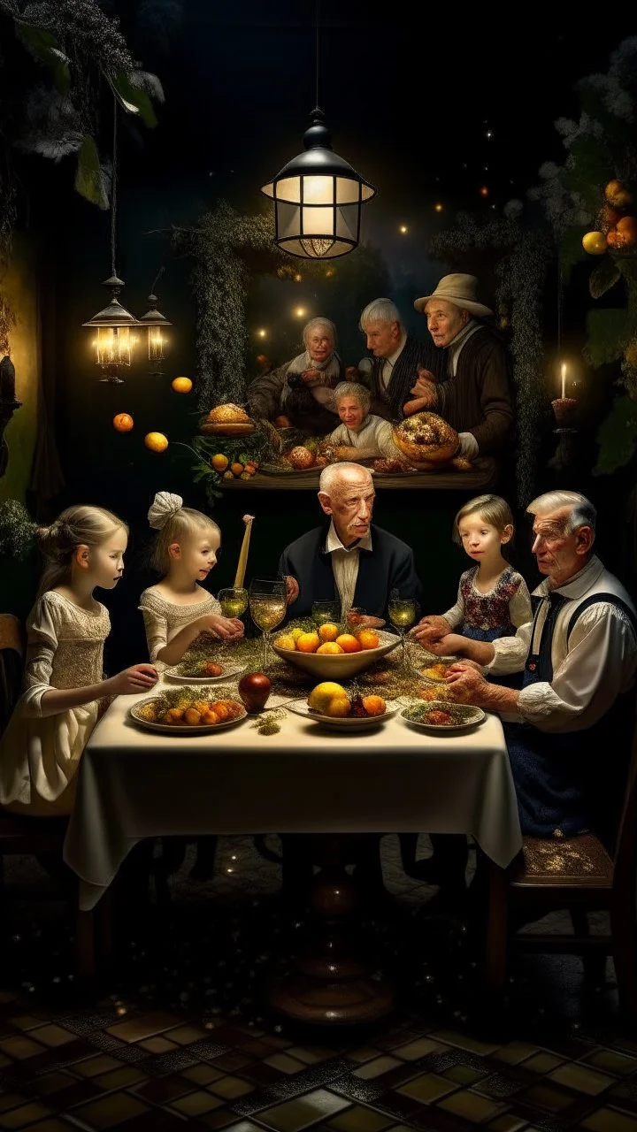 full shot of the astronauts family at a delirious celebration dinner in the Garden of Earthly Delights, small electric light bulbs on the table, birds on the table, grapes hanging, elegant and perfect composition, photo studio portrait, in the style of rembrandt