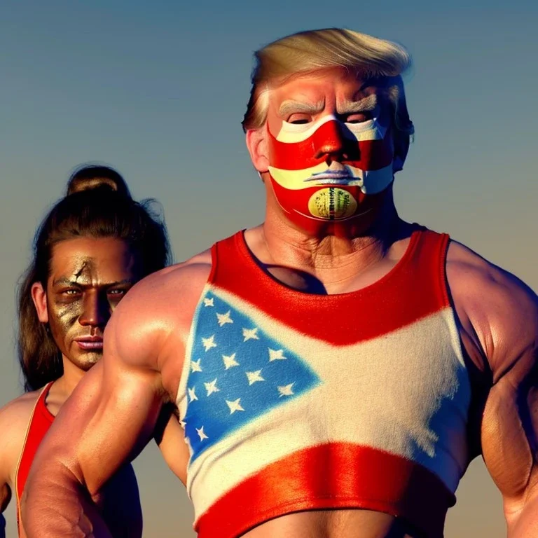 Realistic image of Donald trump wrestler, Mexican wrestling style, Mexican wrestling mask for eyes, red and blue breeches, glow us flag dress, single, suspenders, retro style, 80s, vibrant color, highly detailed, sky background, concept art, unreal engine 5, god rays, ray tracing, RTX, lumen lighting, ultra detail, volumetric lighting, 3d, finely drawn, high definition, high resolution.