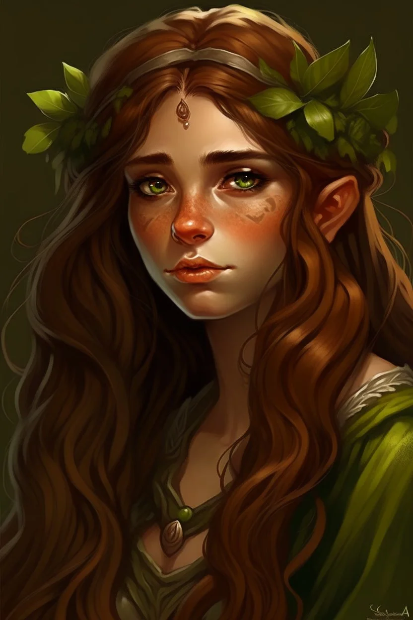 Gnom, braune lange wilde Haare, große, auffällig dicker Nase, grüne Augen, sehr jung (etwa zwanzig Jahre) , Druide, gebräunte Haut, Zeichen im Gesicht, keine Falten im Gesicht, etwas dicker