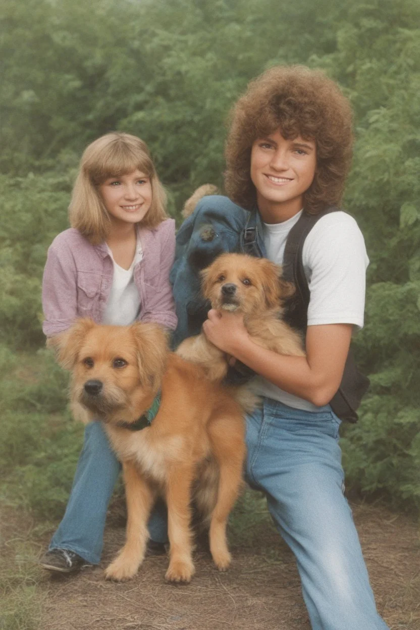 full color image, 1980's yearbook photo, teenager, Shaggy and Scooby Doo the dog, 14 years old, photorealistic, --ar 9:16 --style raw