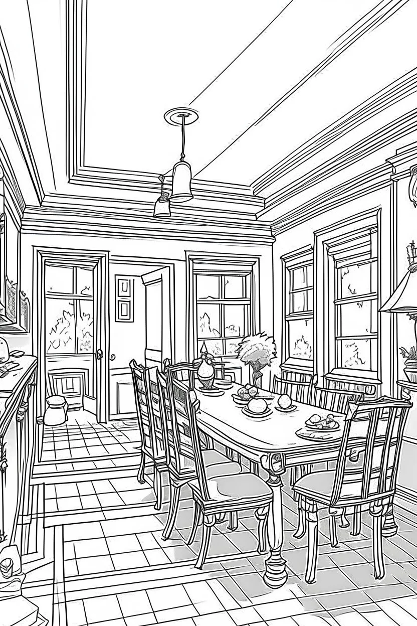 Outline art, house interior design, dining room, no shading, no lines, cartoon style, --ar 9:11