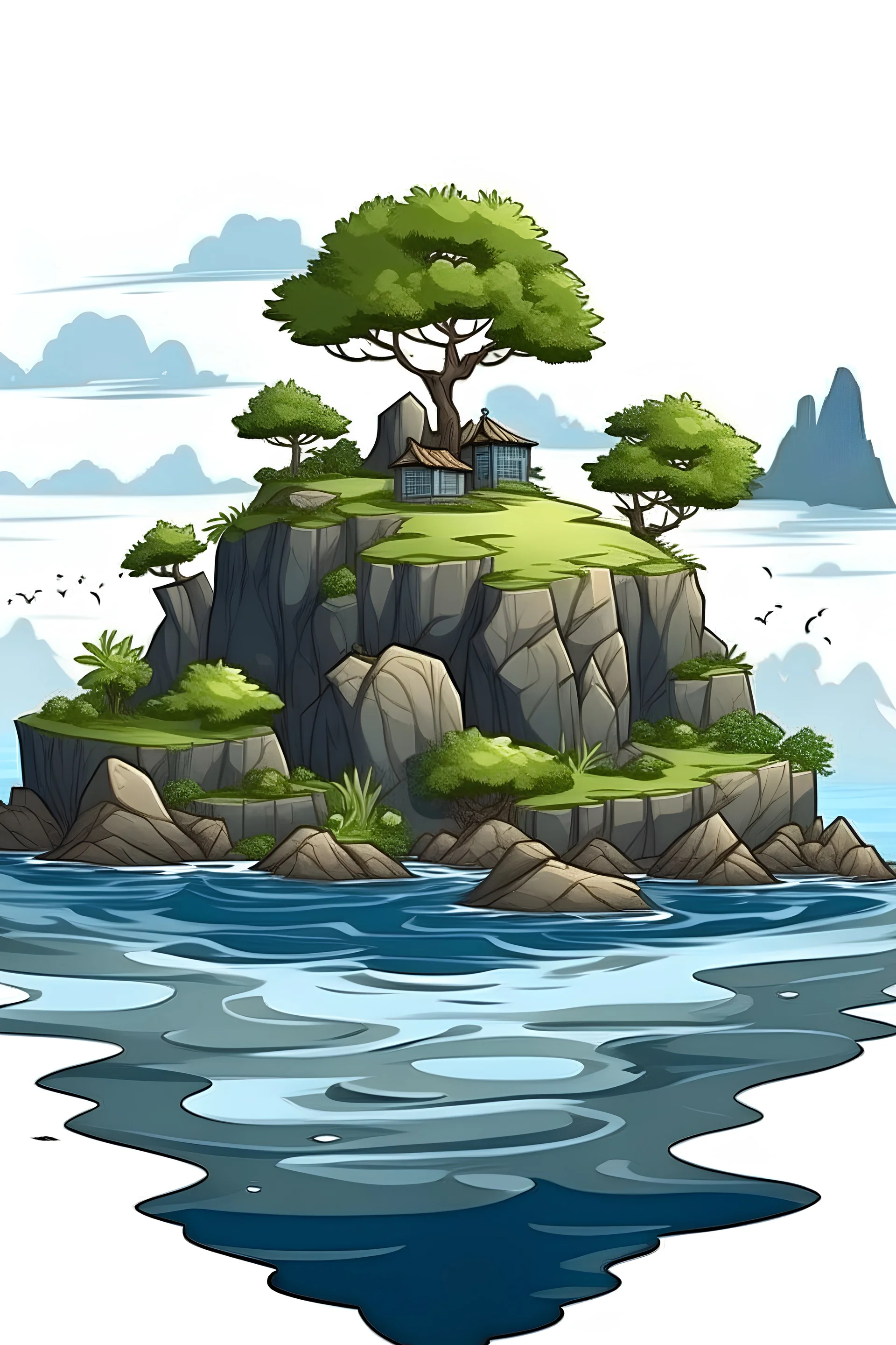 big spooky mysterious island with trees and rocks