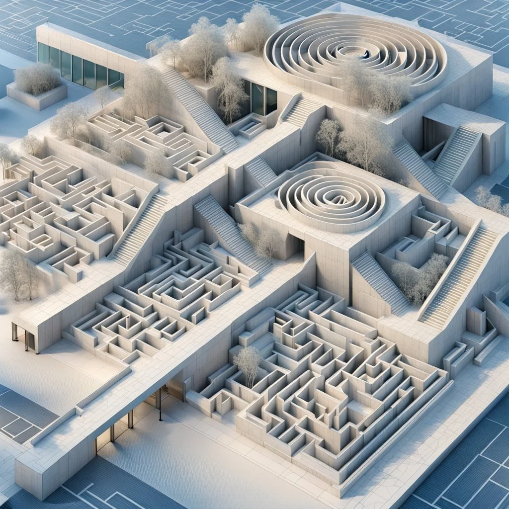 enhance the sharpness and precision of the architectural elements, featuring highly detailed 3D maze pathways with a futuristic aesthetic dominated by glass and steel. The maze pathways are intricate and well-defined, with crisp civil engineering lines and a clear, contemporary feel.