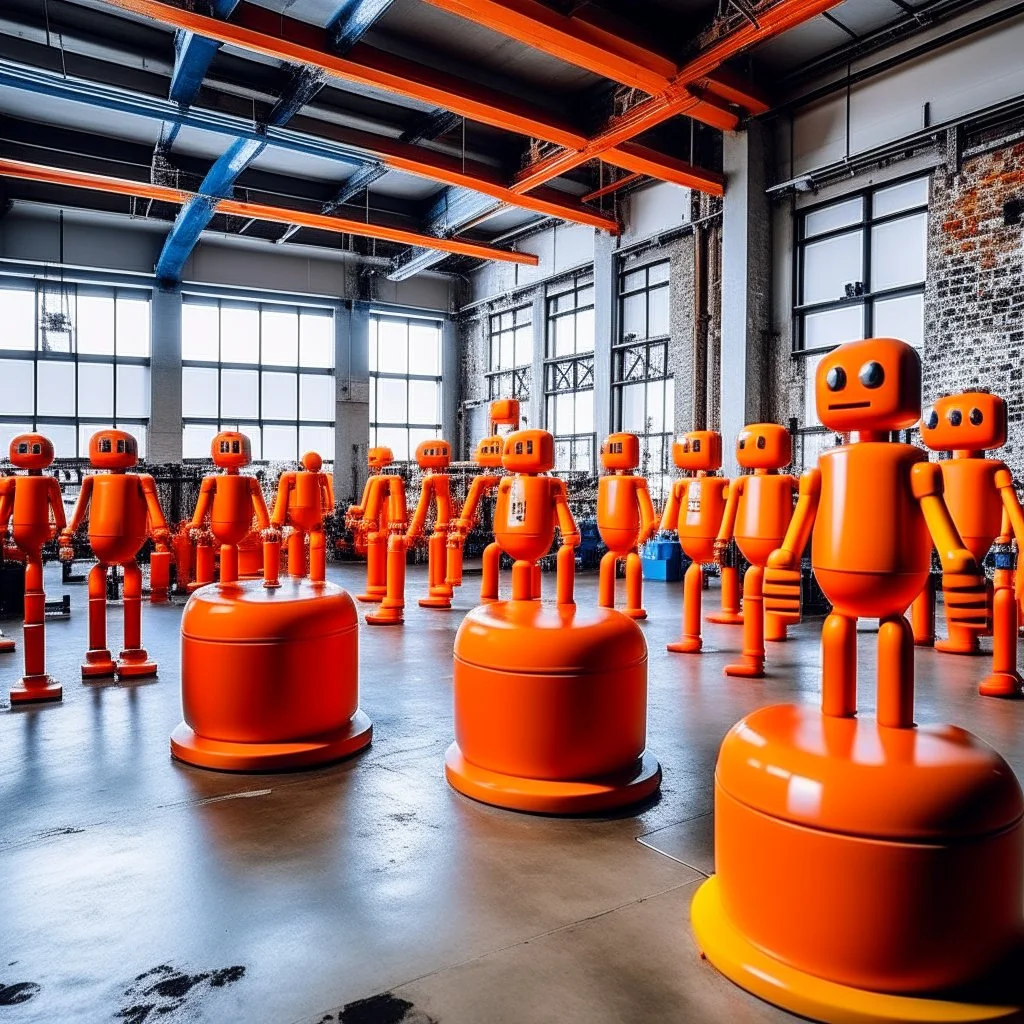 An orange colored factory with robots painted by Keith Haring