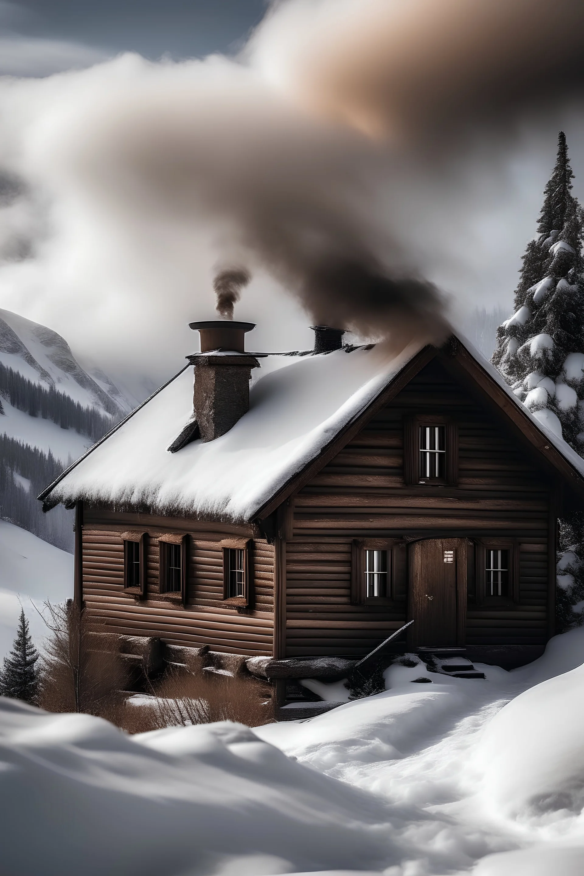 “A cozy cabin nestled in a snowy mountain landscape, with smoke curling from the chimney.”