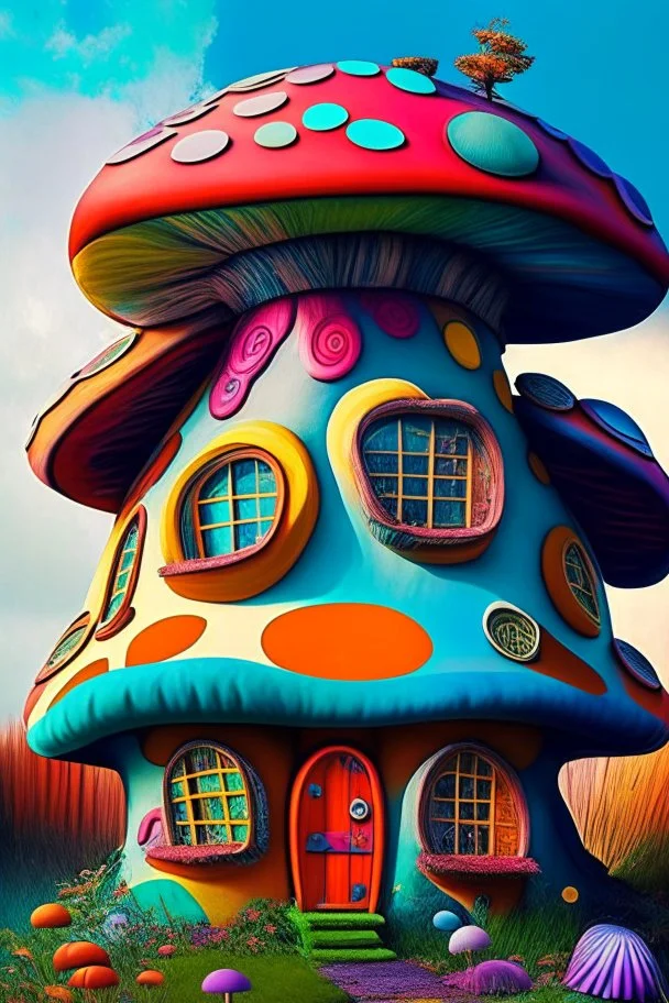 A (((mushroom house))), with vibrant colors, featuring a and a that exudes an era of youthful rebellion and iconic style