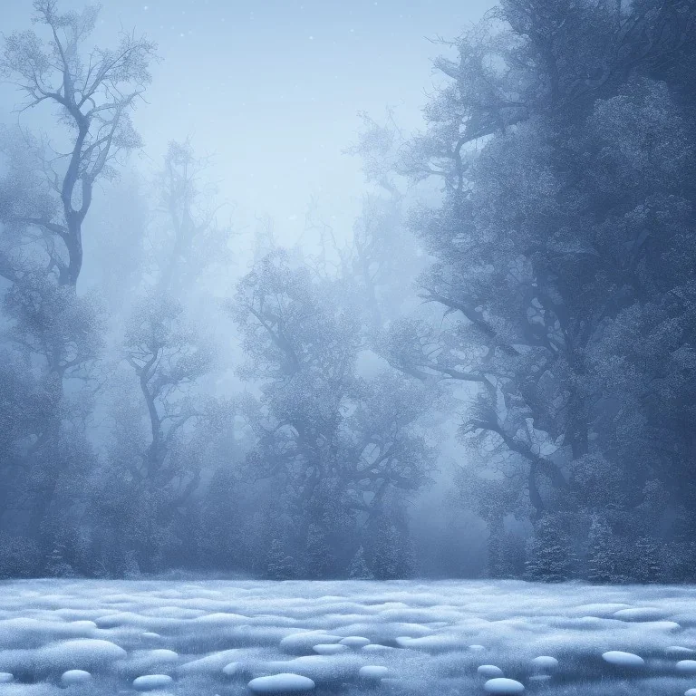 winter landscape, ice field, crystals, surreal, dreamlike, foggy, lost in the woods