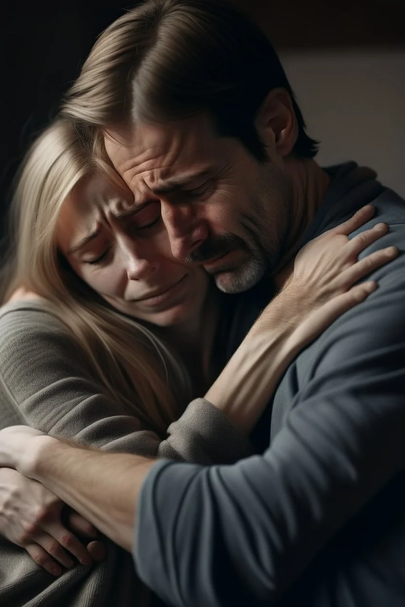 a woman crying as she hugs her dying husband