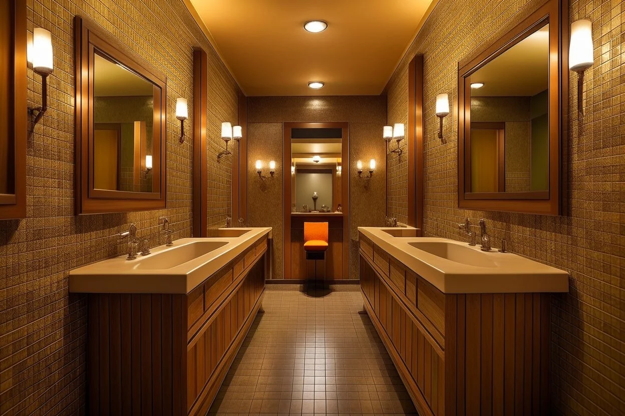 Pictures of a group of bathrooms in Mathaf Restaurant. The walls and floors are in brown tones, and the sinks are on one wall.