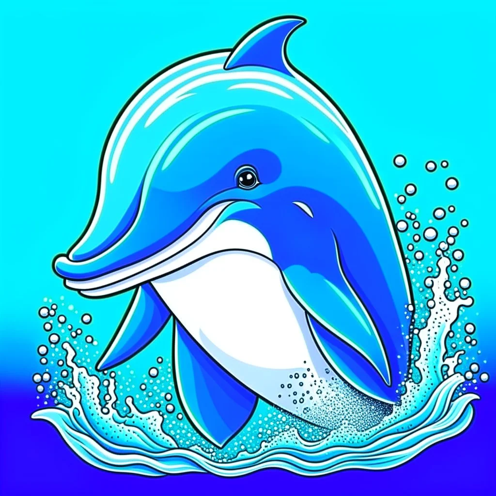 a cute illustration of a Dolphin, detailed, using three colors blue. ocean background.