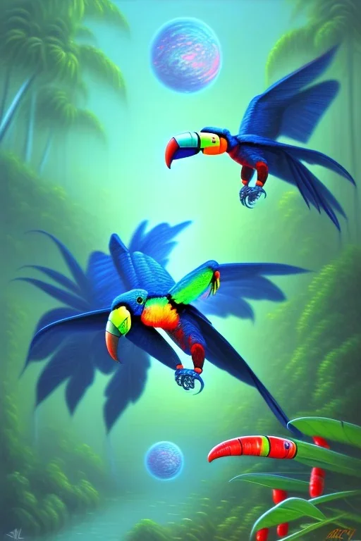 blue spider fight with one toucan, Post-Impressionism, trending on artstation, jungle setting, soft pastel colors, mystical, acrylic paint, mystical,