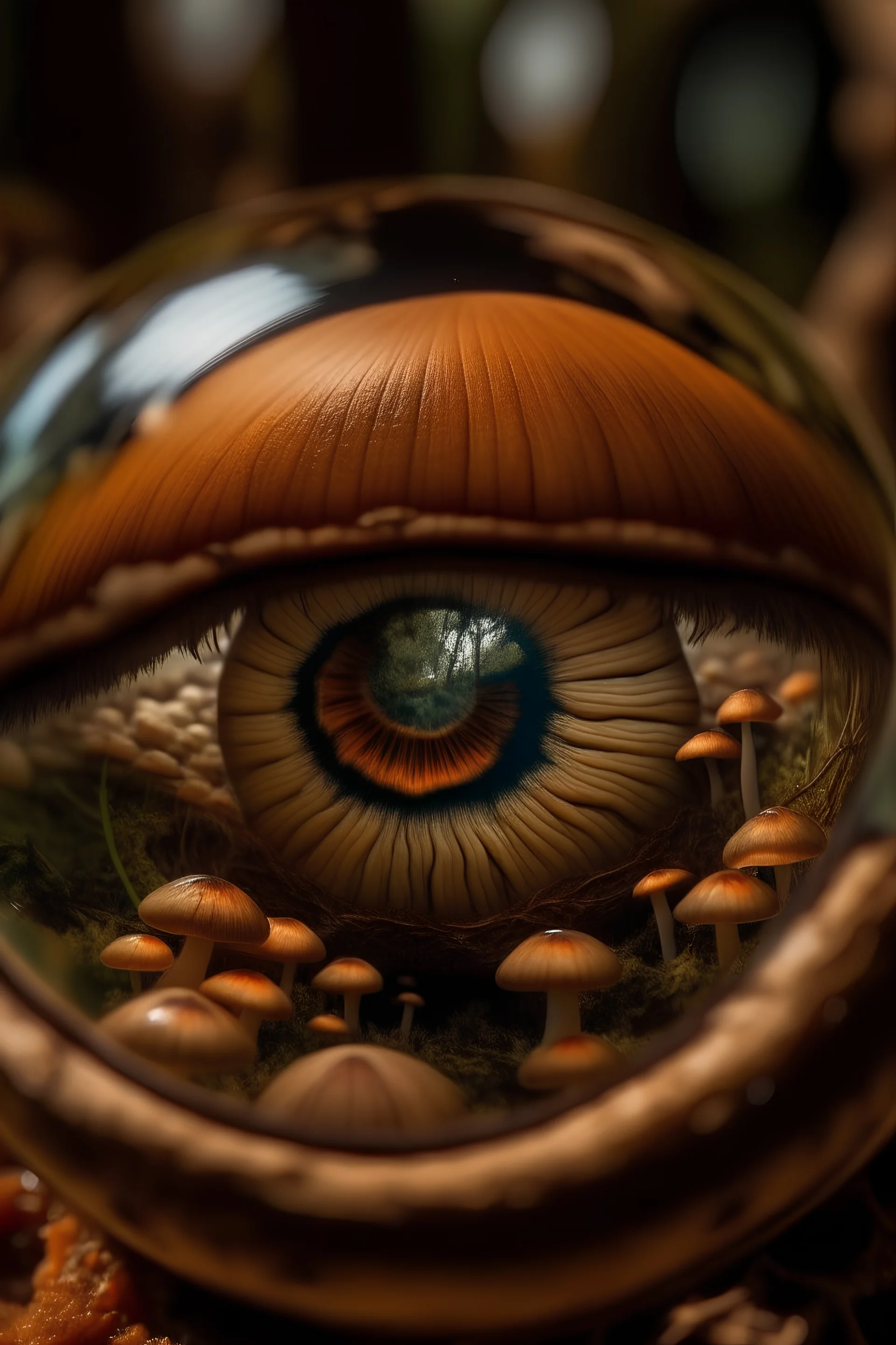 reflection within eye of a forest of mushrooms